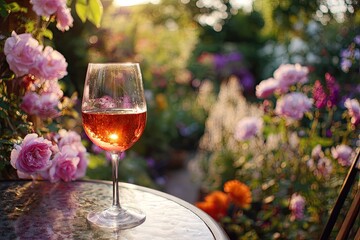 Ros? wine glass in a garden setting at sunset