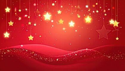 Festive red background with glowing golden stars and sparkling confetti for celebrations and holidays.