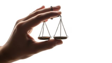Human hand holding a small antique brass balance scale for weighing isolated on transparent background