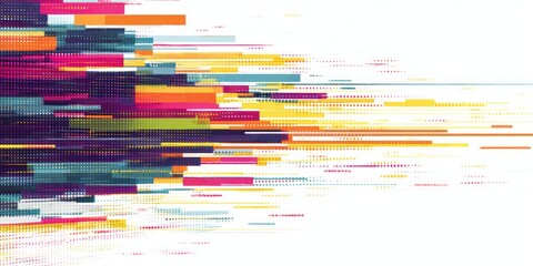 Vibrant multicolored horizontal lines and dots stream across a white background suggesting digital motion