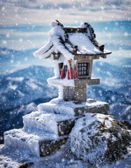 Snowy Mountain Shrine Surrounded by Snowflakes in Winter Landscape