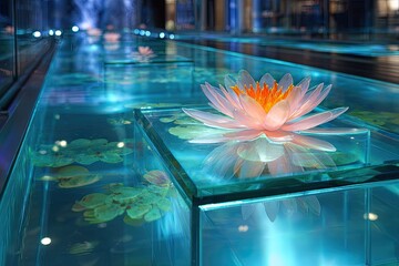 Glass-enclosed lotus in teal water