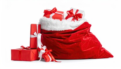 A large red Santa sack overflowing with beautifully wrapped Christmas presents and gift boxes.