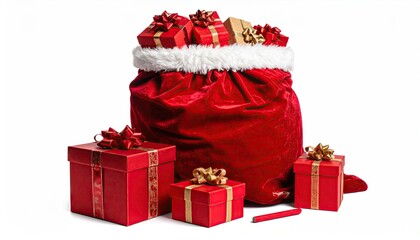 Festive red Santa sack overflowing with Christmas presents and gift boxes.