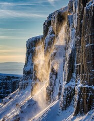 Majestic Frozen Cliffs with Snow and Ice in Winter Light at Sunset