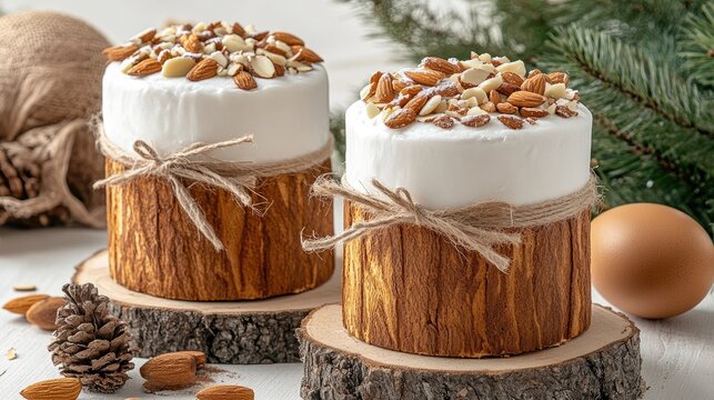 A beautifully arranged decorative cake display featuring a delightful nut topping, complemented by rustic wood accents, creates an inviting ambiance in a cozy holiday setting