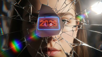 Stunning 2026 Vision Through Shattered Glass A Woman's Hopeful Gaze Into The Future With Colorful Reflections And Neon Glow For New Year's Celebration