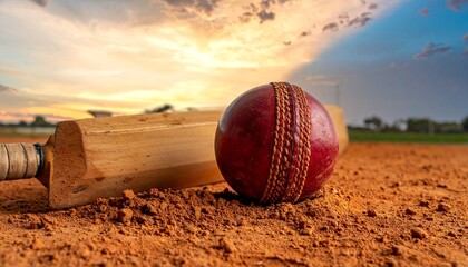 Cricket Bat and Red Ball on Clay Surface in Outdoor Sports Close-Up Composition