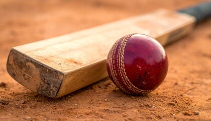 Cricket Bat and Red Ball on Clay Surface in Outdoor Sports Close-Up Composition