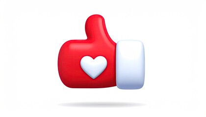 3D Red Thumbs Up Icon with White Heart Symbol for Social Media Approval.