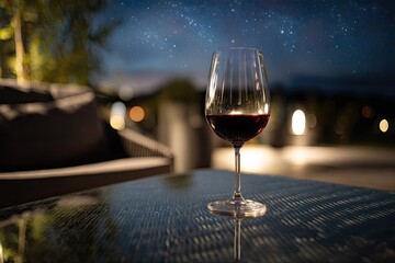 Red wine glass on patio table at night
