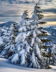 Snow-Covered Evergreen Trees Against a Scenic Winter Landscape