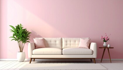 Cream Tufted Sofa with Gold Lamp and Green Plant Against Soft Pink Wall in Elegant Living Room Setup