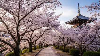 Cherry Blossom Tunnel and Japanese Pagoda in Springtime Serene Landscape.