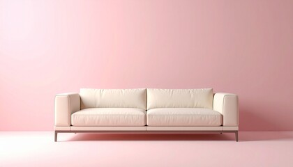 Cream Tufted Sofa with Gold Lamp and Green Plant Against Soft Pink Wall in Elegant Living Room Setup