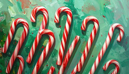 Festive Red and White Candy Canes Scattered on Textured Green Background.