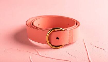 Rolled-Up Pink Belt with Gold Buckle on Textured Pink Surface in Fashion Accessory Close-Up