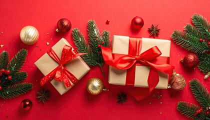 Festive Christmas gifts with fir branches and ornaments on red background.