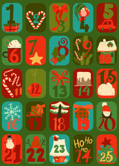 Vector Cute Cartoon Advent Calendar with Funny Animals and Christmas Elements