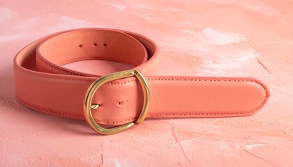 Rolled-Up Pink Belt with Gold Buckle on Textured Pink Surface in Fashion Accessory Close-Up