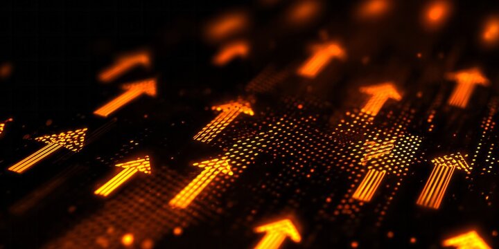 Multiple glowing orange arrows advance across a dark digital surface in a converging perspective.