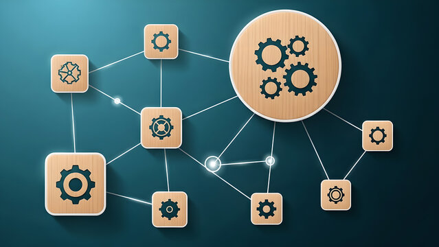 Gear Network System Process Automation Wooden Icons Blue Background