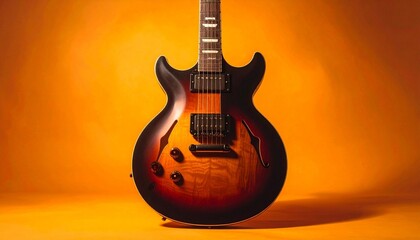 Electric Guitar with Glossy Wood Finish and Dual Humbuckers Against Warm Orange Background in Musical Close-Up