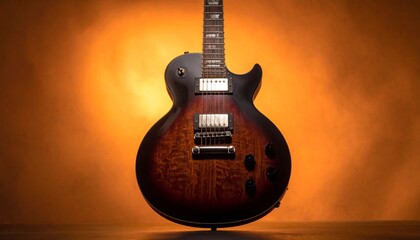 Electric Guitar with Glossy Wood Finish and Dual Humbuckers Against Warm Orange Background in Musical Close-Up