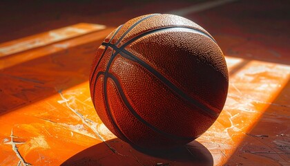 Basketball Resting in Sunbeam on Indoor Court Floor with Shadows and Glossy Wood Texture