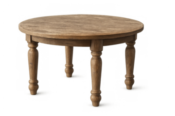 Round wooden dining table with turned legs, featuring a rustic finish for traditional and vintage kitchen decor