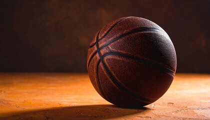 Basketball Resting in Sunbeam on Indoor Court Floor with Shadows and Glossy Wood Texture