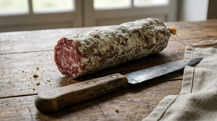 Saussage is on a table next to a knife