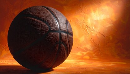 Basketball Resting in Sunbeam on Indoor Court Floor with Shadows and Glossy Wood Texture