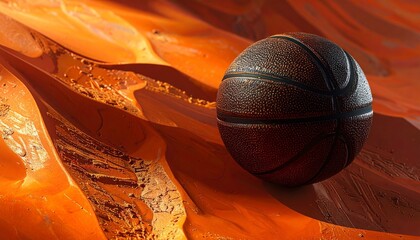 Basketball Resting in Sunbeam on Indoor Court Floor with Shadows and Glossy Wood Texture