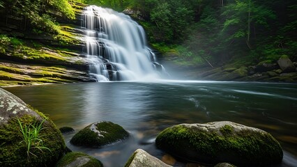 Majestic Silky Waterfall Cascading into a Serene Pool Framed by Lush Mossy Forest Rocks.