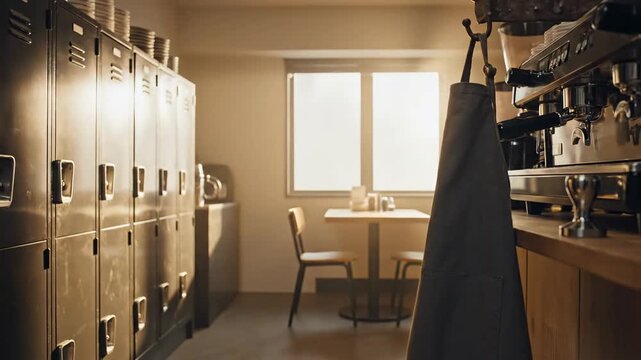 Warmly Lit Cafe Interior With Stainless Steel Lockers And Hanging Apron In Front Of Espresso Machine And Window View