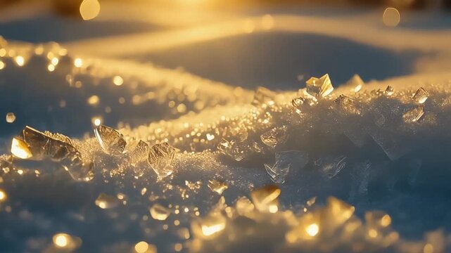 Golden sunlight illuminating ice crystals on snowy winter surface