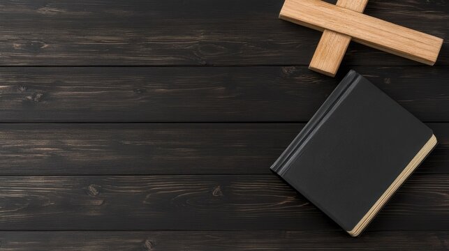 A wooden cross and a sleek black notepad are gracefully arranged on a rich, dark wooden surface, perfect for moments of reflection or writing