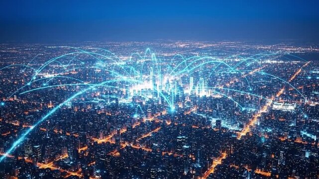 Aerial view of a modern city at night with glowing blue network connection lines overlayed - Powered by Adobe