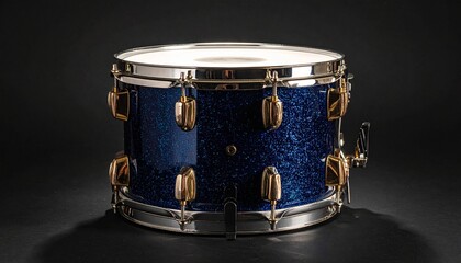 Blue Sparkle Tom Drum with Gold Hardware on Black Background in Percussion Close-Up Composition