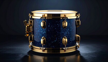 Blue Sparkle Tom Drum with Gold Hardware on Black Background in Percussion Close-Up Composition