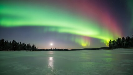 Cosmic Spectacle: Green and Red Aurora Borealis Over a Moonlit Frozen Lake.