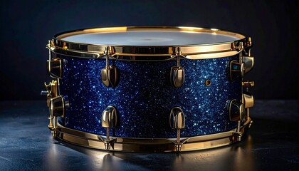 Blue Sparkle Tom Drum with Gold Hardware on Black Background in Percussion Close-Up Composition