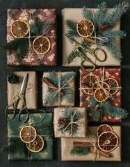 Festive Christmas Gift Arrangement with Natural Decorations and Scissors
