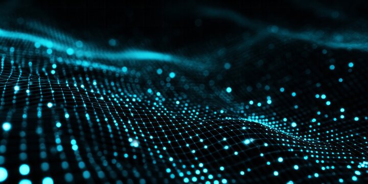 Glowing digital points form a complex, undulating surface against a dark background.