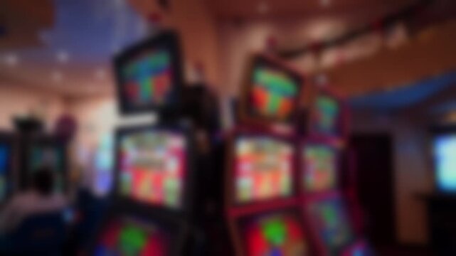 Abstract blurred slot machines with bright colorful screens and glowing casino lighting creating a vibrant entertainment atmosphere.