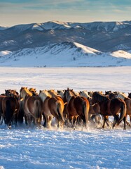 Snowy Landscape with Wild Horses Walking in Winter Wilderness