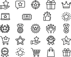 Customer Loyalty Program, Reward Points, Review and Rating, and Quality Badge Line Icons Set, Including Star, Medal, Gift, Shopping, Prize, and Premium Service Concepts