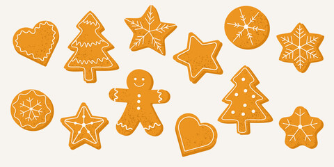 Set of festive gingerbread cookies in flat vector style. Christmas holiday sweets including stars, hearts, snowflakes, and gingerbread man, isolated decorative cookie illustrations