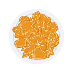 Plate of Christmas Gingerbread Cookies. Festive Holiday Treats Illustration with Gingerbread Cookies.